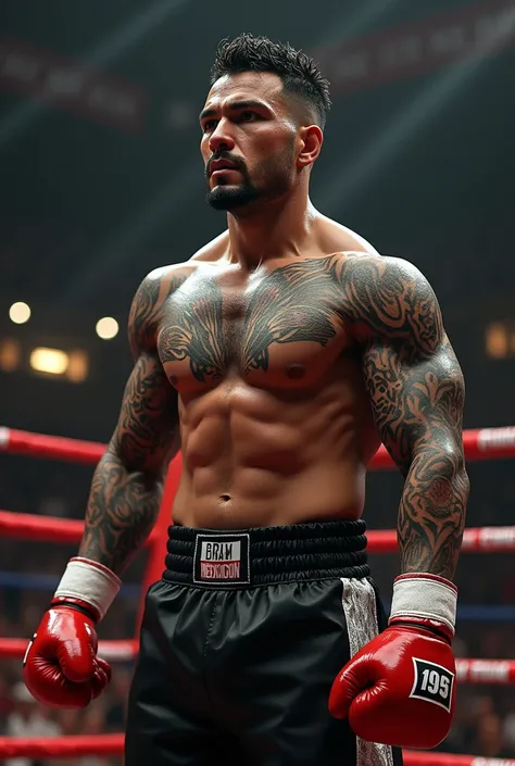 Shirtless 23 year old Mexican heavily tattooed boxer with boxing gloves and boxing shorts  in ring 