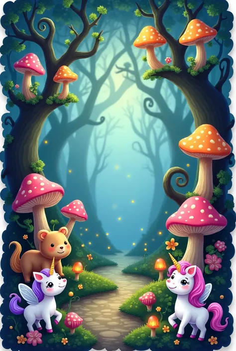 A whimsical sticker set of various mythical forest creatures like fairies, unicorns, and talking animals, surrounded by glowing mushrooms and enchanted trees.