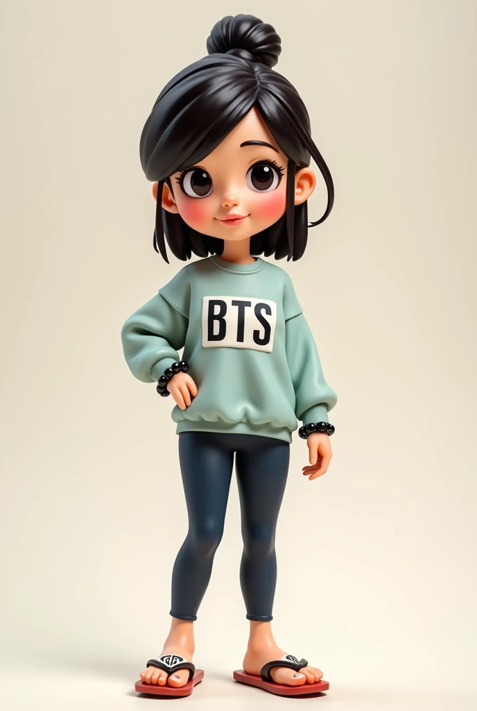 Create a cartoon-style doll, with the following characteristics: with big butt, BTS sweatshirt, flip-flop sandals, straightened hair tied up in a bun with a beaded BTS bracelet, leggings, and short hair, I am sorry, I am not supposed to translate content t...