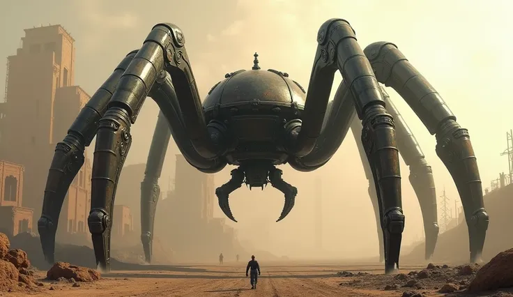 a photo-realism of a saddled giant metalic mechanical spider, HD 4k high detail ultra realistic dynamic hyper realistic oled, vibrant, subsurface scattering, amazing fine detail, on a post apocalyptic war game 