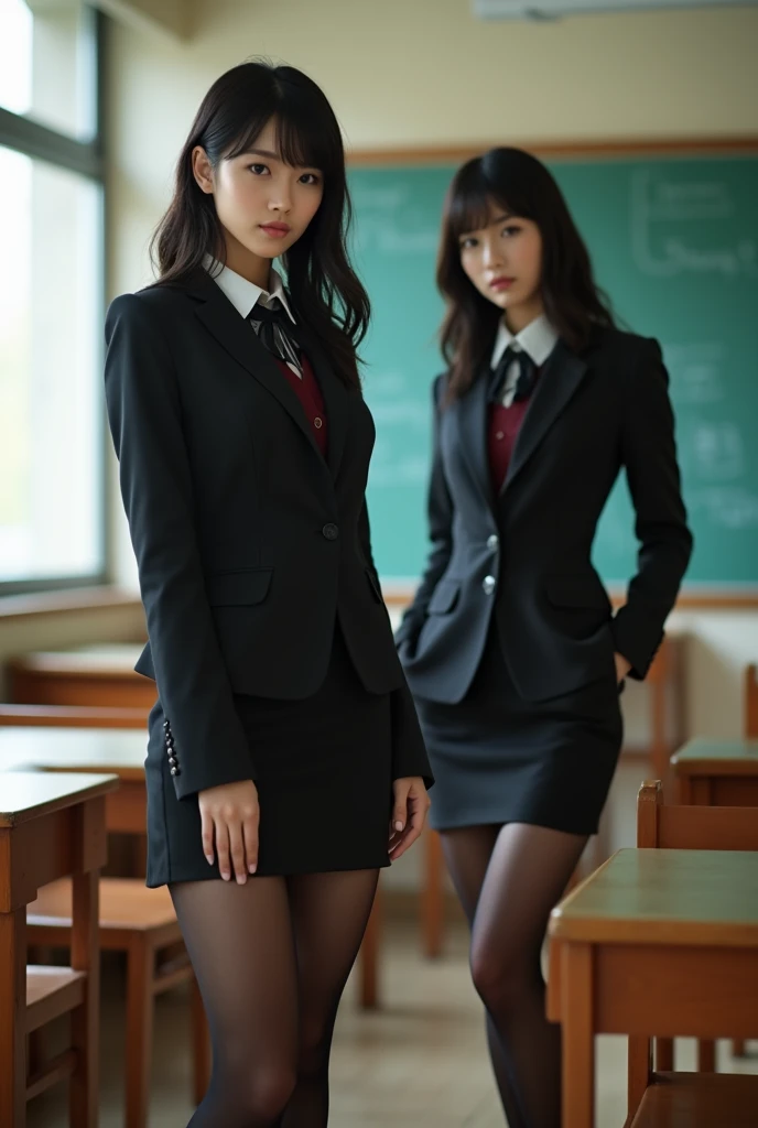 Beautiful woman with long legs, teacher in a suit, bare legs, tight skirt, two Japanese women, black tights, real classroom
