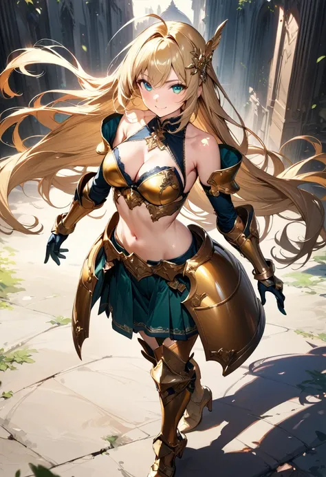 (masterpiece),(best quality),(ultra-detailed),(best illustration),(best shadow),(absurdres),(detailed background),(very aesthetic), 1girl, solo, long-hair, blonde-hair, armor, breasts, navel, boots, looking-at-viewer, cleavage, medium-breasts, armored-boot...