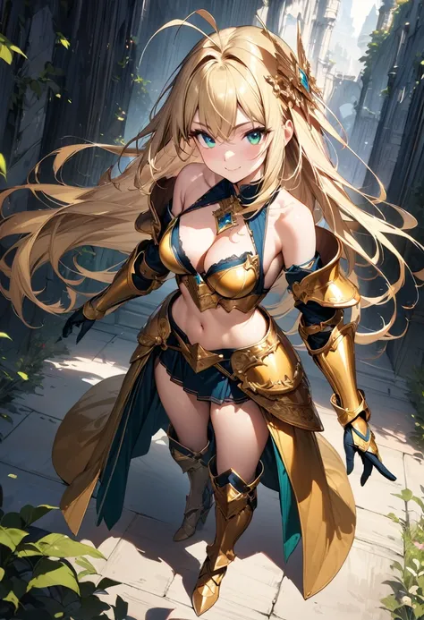 (masterpiece),(best quality),(ultra-detailed),(best illustration),(best shadow),(absurdres),(detailed background),(very aesthetic), 1girl, solo, long-hair, blonde-hair, armor, breasts, navel, boots, looking-at-viewer, cleavage, medium-breasts, armored-boot...