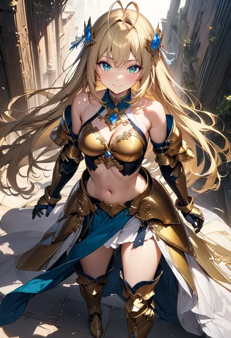 (masterpiece),(best quality),(ultra-detailed),(best illustration),(best shadow),(absurdres),(detailed background),(very aesthetic), 1girl, solo, long-hair, blonde-hair, armor, breasts, navel, boots, looking-at-viewer, cleavage, medium-breasts, armored-boot...