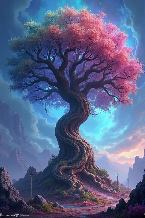 A tree with a colorful background 