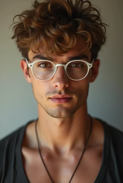 horny gay boy, a little yellow brown hair, brown eyes big ass, big nipples visible from shirt, round whute glasses