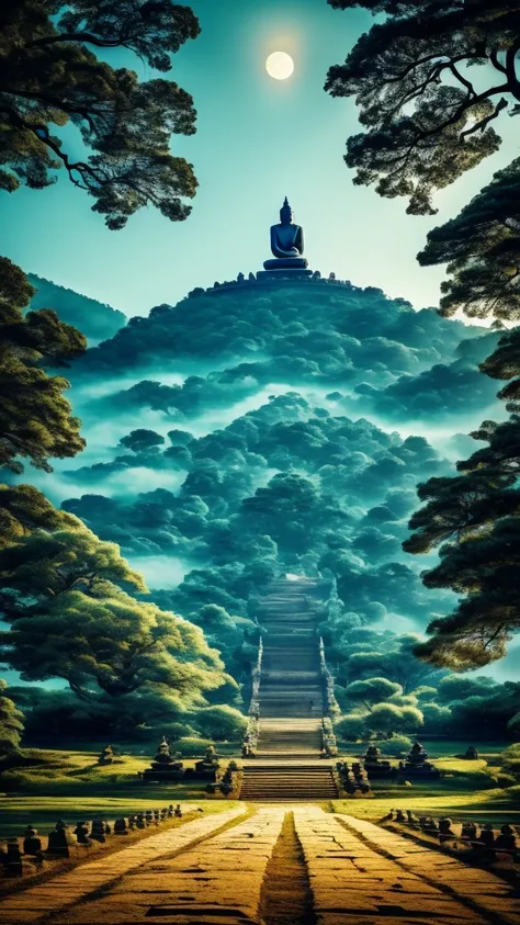 A huge Buddha statue seen in the distance, stone, texture, expensive, Majestic, Inverted Image, The background is illuminated by full moon, Towering Tree々, Pilgrims walking the road. Beautiful composition, With the masterpiece, detailed, High resolution