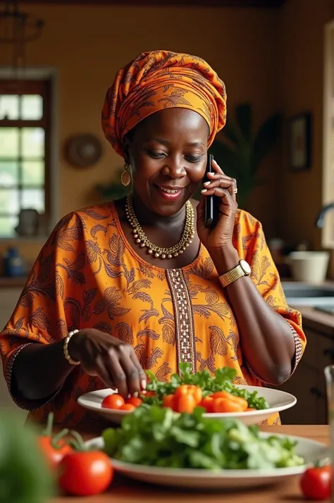 An beautiful African grandmother in the kitchen using one hand to receive call and the other to pick a plate. The plate should have fresh Nigerian vegetables . The image size should be landscape in size