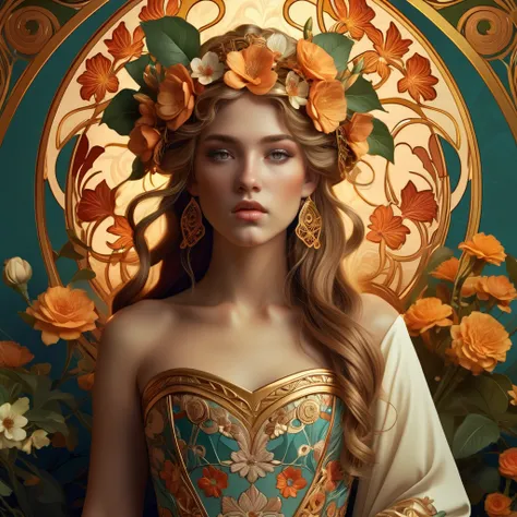 old (Masterpiece, Best Quality, Highres:1.2) Art Nouveau Style Beautiful Woman with Long Hair Shaped as Flowers in the Style of Alphonse Mucha, portrait of a beautiful cute, very beautiful, standing artistically, realistic natural, professional light distr...