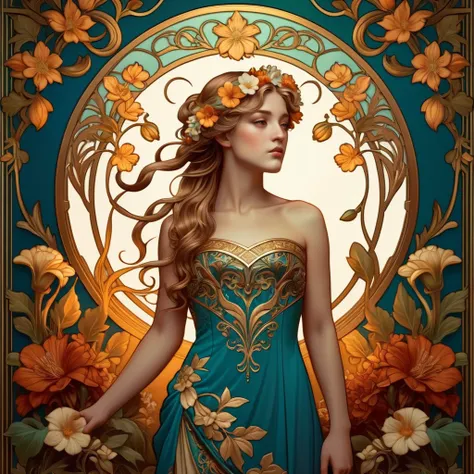 old (Masterpiece, Best Quality, Highres:1.2) Art Nouveau Style Beautiful Woman with Long Hair Shaped as Flowers in the Style of Alphonse Mucha, portrait of a beautiful cute, very beautiful, standing artistically, realistic natural, professional light distr...