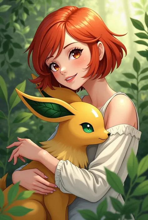 Draw a short-haired redhead with a Leafeon 