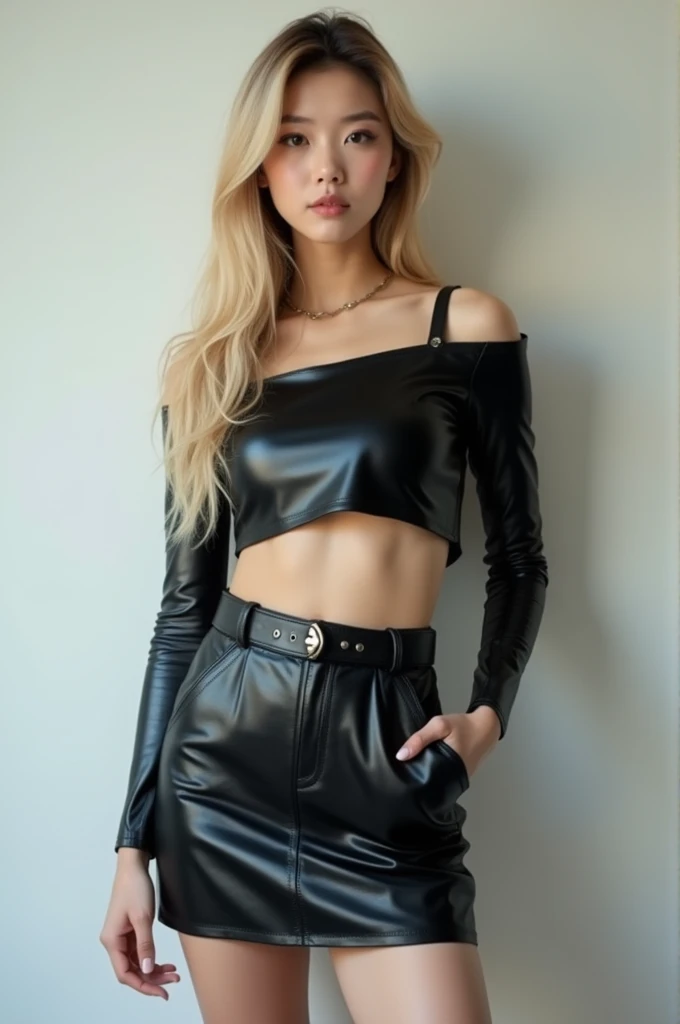 one women with long korean, blonde straight hair, crop top black leather, short leather black, korean, 