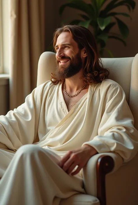 {Ultra-realistic image of Jesus sitting in a cream-colored armchair, hazel eyes, looking at side, with legs crossed on the armchair, extremely detaild, chestnut hair, Large Beard, Jesus&#39;s clothes, With a radiant smile, looking at side, 8K resolution, h...