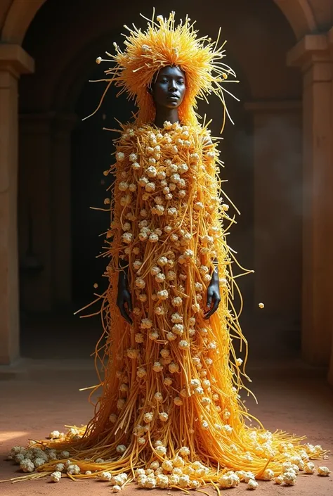 African Orixá completely covered in straw and popcorn on a clay floor