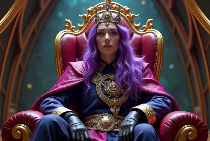 Rei de purple hair sentando em um trono, interior of futuristic ship, Interstellar. 8k, extraterrestrial, gold on the wall, purple hair, Old king