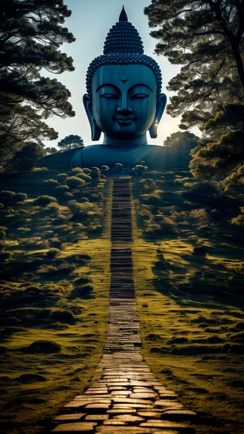 A huge of head Buddha statue, stone, texture, expensive, Majestic, Inverted Image, The background is illuminated by full moon, Towering Tree々, Pilgrims walking the road. Beautiful composition, With the masterpiece, detailed, High resolution