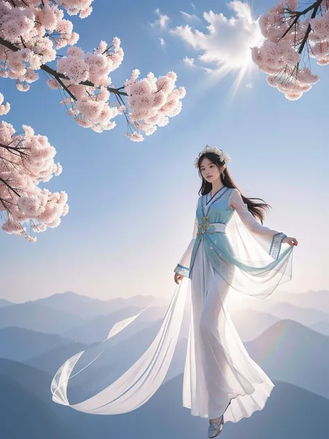 Chinese goddess，Appearances of Seven Chinese Fairies，drift，Her dress is made of tulle，fluttering clothes，The sleeves of the clothes are very long，The fairys legs are beautiful，Fairy wearing classical Chinese bun，The goddess floats in the sky，The goddess’s ...