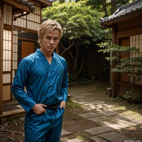 A young ninja with spiky blonde hair and bright blue eyes, wearing an orange jumpsuit with black accents. He has three whisker-like marks on each cheek. He stands confidently, with a determined expression on his face, in a wooded area typical of a ninja vi...