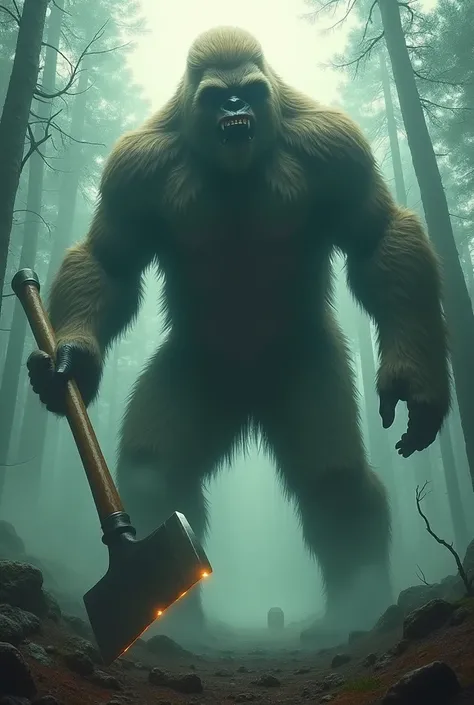 The first-person character is hallucinating and sees a Bigfoot monster with an ax in its hands. 