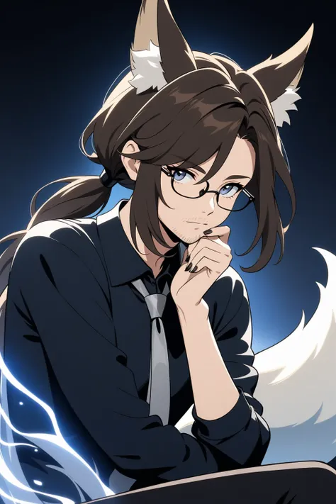 Genshin Impact art style, solo, fair-skinned kitsune older man, very large fox ears, (no visible human ears: 1.3), shoulder-length low ponytail hairstyle, large hair intakes, dark brown hair, (hair covering ears: 1.4), stubble facial hair, (angular dark bl...