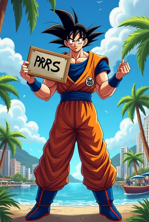 Goku , holding a sign that says RS PRINT , Aracaju waterfront