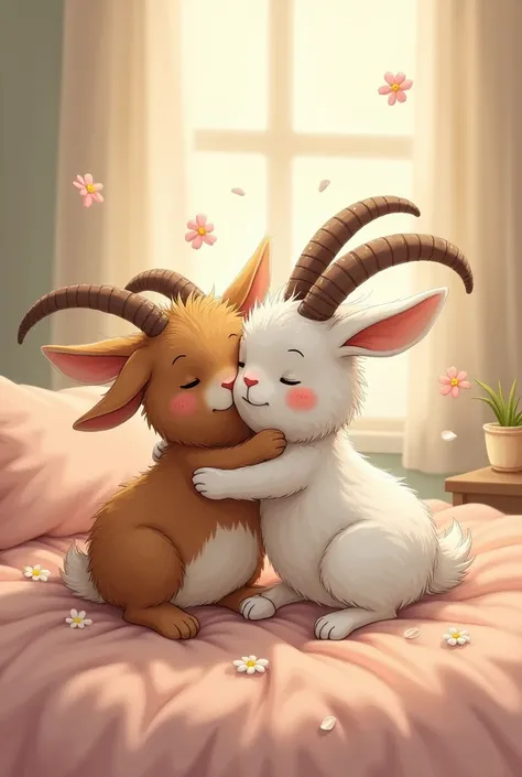 Rabbit,goat,hugs,love,bed