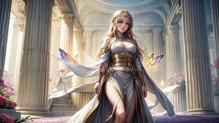 ((best qualityer)), ((work of art)), ((cinematic)), (detailded), blonde Greek princess, wearing an ancient Greek cloak, butterfly wings, , surrounded by flowers