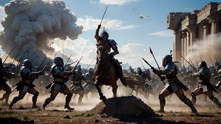 Create a high-quality, realistic image of the climactic battle between the Trojans and the Latins. The scene should depict a chaotic battlefield with Aeneas and Turnus leading their respective forces. Aeneas, in full armor with a crested helmet, stands at ...