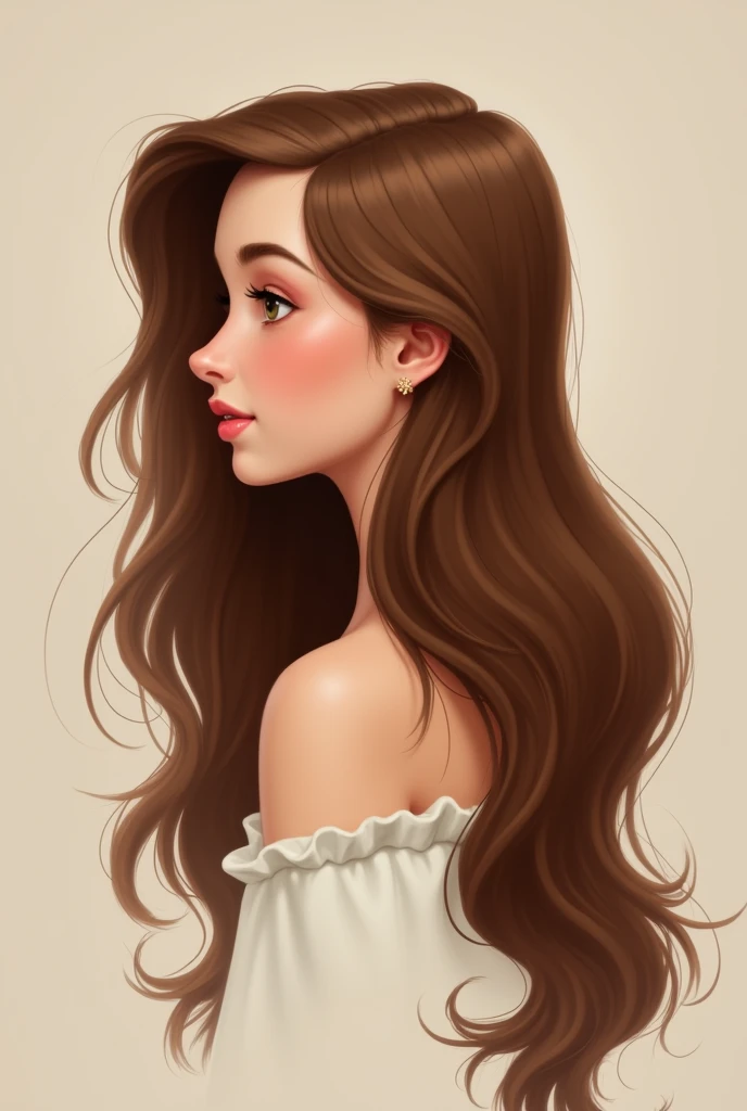 Drawing a  with Disney style long wavy brown hair in profile 