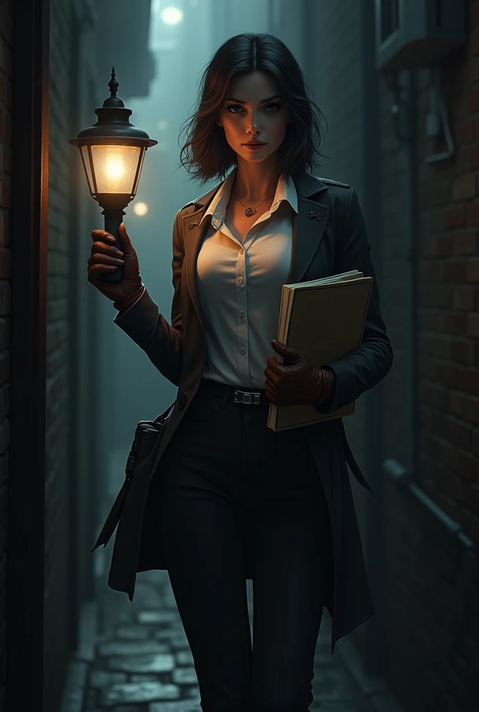 A female detective in a detective uniform and leather gloves in a scary dark alley with a lamp in her right hand and a file in her left hand.