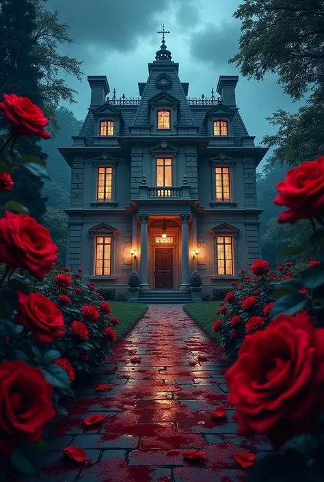 A feast with red roses, at night and with blood spilled. The mansion from outside, only the mansion, with no people