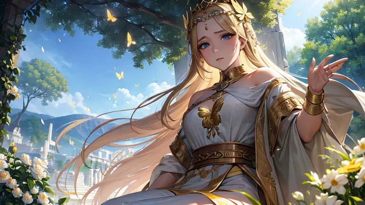 ((best qualityer)), ((work of art)), ((cinematic)), (detailded), blonde Greek princess, wearing an ancient Greek cloak, butterfly wings, , surrounded by flowers