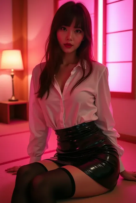 ((Japanese sexy idol))　Mature Woman　((Plump, bright red lips with lipstick))　Big Breasts　Plump　Chubby round face　Plump figure　((Brown hair with bangs))　((Looking into the camera))　Sit with your legs apart　((White button-up shirt with black patent leather t...