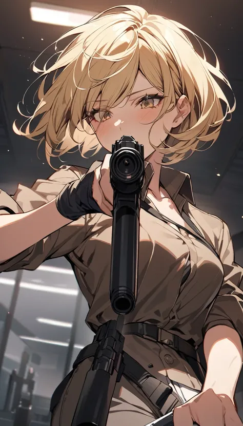 Highest quality,One woman,Rolled up sleeves:1.0,Hitman,Holding a gun and being vigilant:1.0,Blonde Short Hair,Open your eyes to enjoy