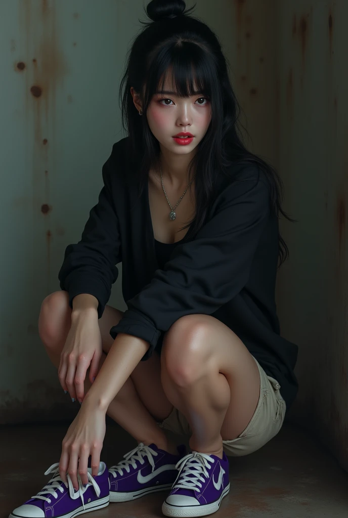 ((Artwork, 8K, style by Silent HIll)), 1 woman of Japanese ethnicity, she is 28 years old, seductive look, black hair tied up, lips with reddish lipstick, small nose, delicate eyes, makeup on her face, black long-sleeved shirt, wearing beige shorts, purple...