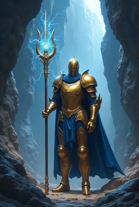 ((Best Quality)), ((masterpiece)), (detailed)  A knight in golden armor, in a battle pose, wielding a lightning-infused lance, inside a cave., Battle armor, It will be blue