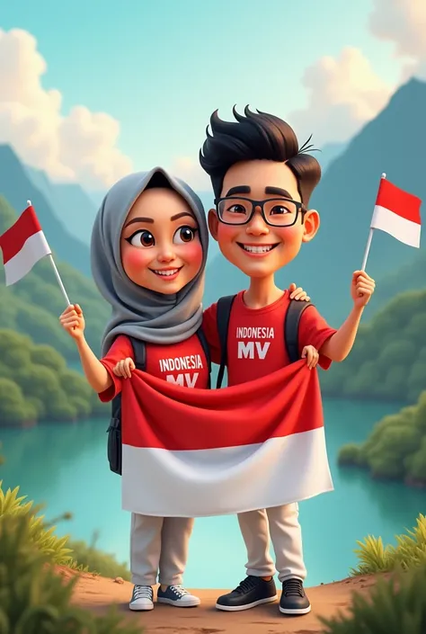 caricature 5D a hijab woman and an Indonesian man aged 23 years, smiling sweetly. Indonesia, Indonesian women wear red t-shirts that say "INDONESIA MV", and white pants and black shoes are holding the August Indonesian flag. with mountainous and lake backg...