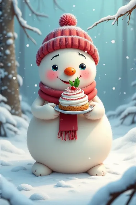 Cartoon snowman eating mousse