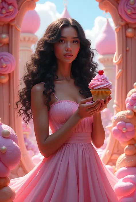 A  , light brown skin with long curly black hair,  ,With cupcake in hand . In a sweet world . 