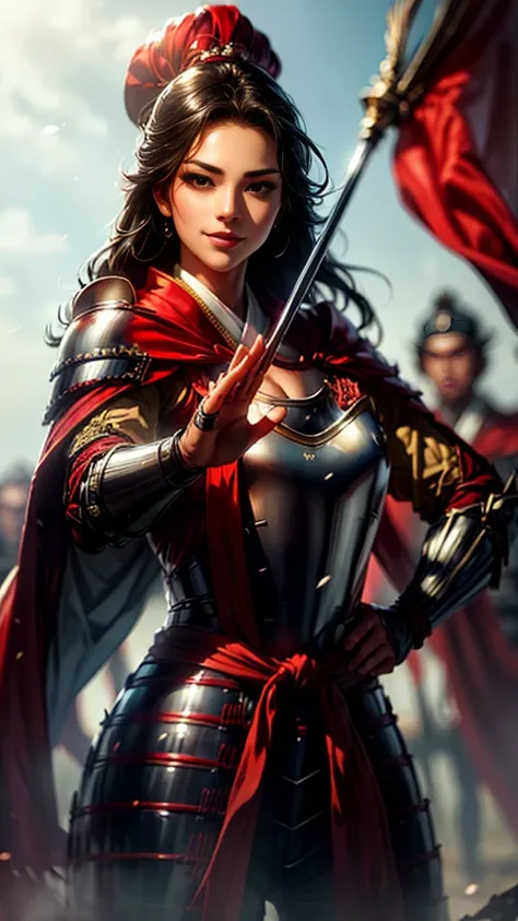 beautiful woman with dark hair：1.3, amazing character art, ((knight armor:1.3 )),((pure white background)), (8k, raw photo, best...