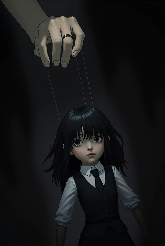 A hand controlling a puppet in a dark and shadowy place. The puppet you control should be a girl with black, wavy hair, wearing a white shirt and a black vest.
