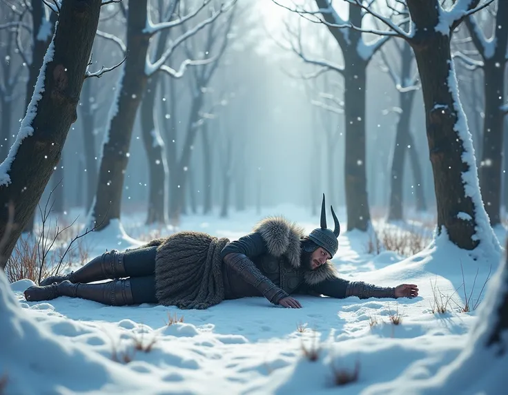 A Viking lies unconscious on the floor of a frozen forest and its snowing.