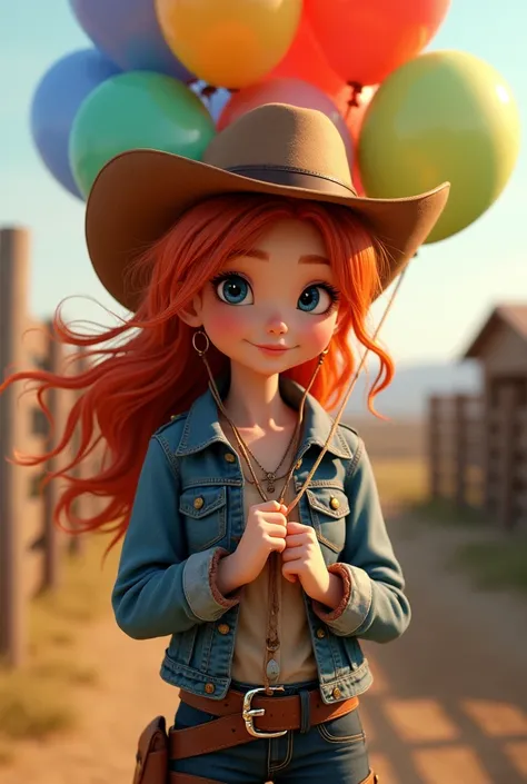 Cowgirl chick, Red hair, big dark eyes, with balloons in her hand