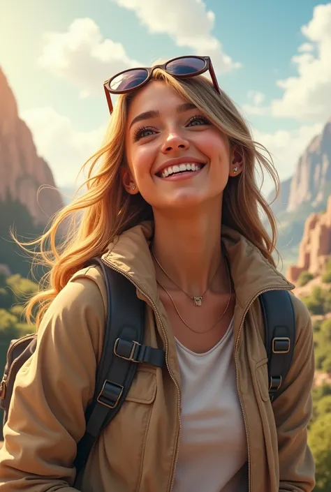 The young woman seems to be preparing for an exciting journey. She has a radiant smile on her face and a glimmer of enthusiasm in her eyes, ready to explore new horizons. With her light jacket and backpack on her back, she walks with firm and determined st...