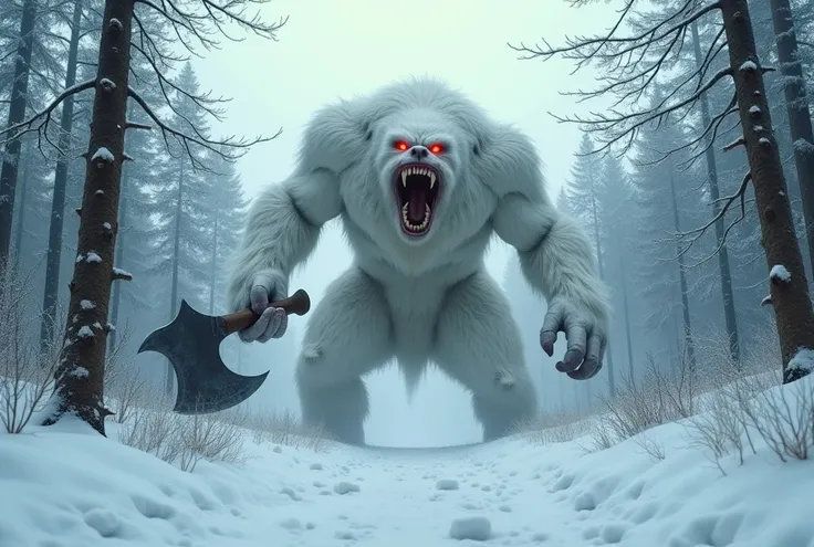 First person vision hallucinating and sees a big, angry, white monster with an ax in its hands in a cold, snowy forest., This big one is very tasty
