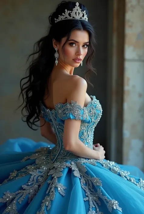 woman, black hair, elegant hairstyle, large bust, princess dress, decorated blue dress, looking at the camera, photorealistic