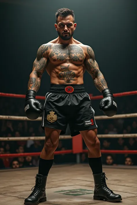 Shirtless 23 year old Angry Mexican heavily tattooed boxer with boxing gloves and boxing shorts and boots and knee high socks in ring 