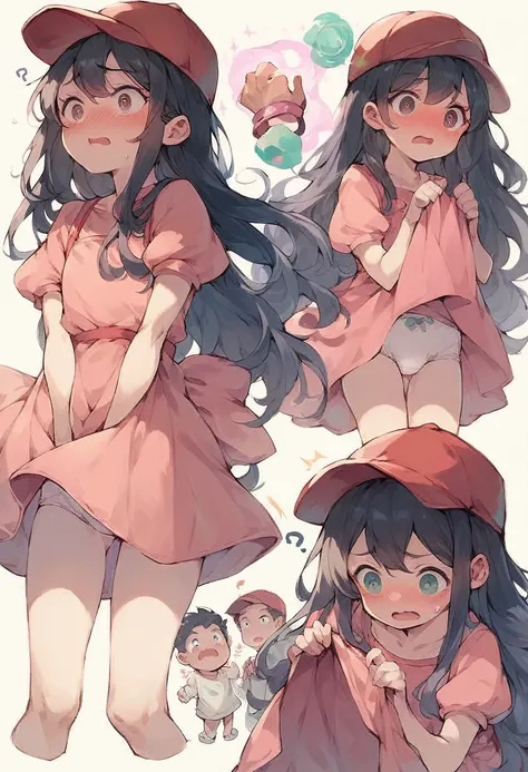 a man get transformed into a cute toddler girl, 3 years old, long hair, black hair, cute dress, pink dress, red baseball cap, cute underwear, confused, embarrassed, dress lift, magic, surpriced, multiple views, open mouth, M"