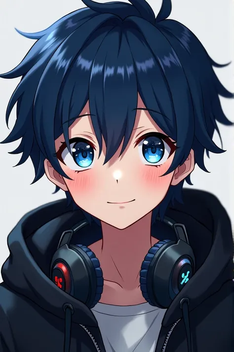 A boy around middle school age, he looks like a gamer, has dark blue hair, headphones around his neck, a black hoodie, anime-style clothes, is smiling, and has dark light blue eyes.