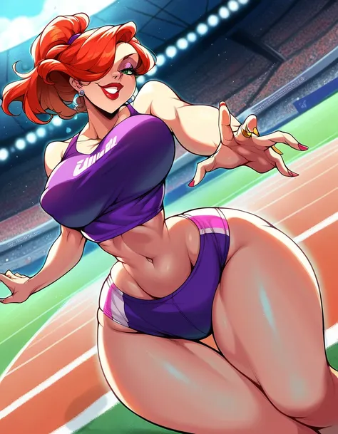 score_9, score_8_up, score_7_up, score_6_up, score_5_up, score_4_up, BREAK, source_anime, 1girl, red hair, long hair, hair over one eye, green eyes, lipstick, makeup, earrings, competition sports, (purple tank top:1.5), (large purple short:1.5), (on the tr...